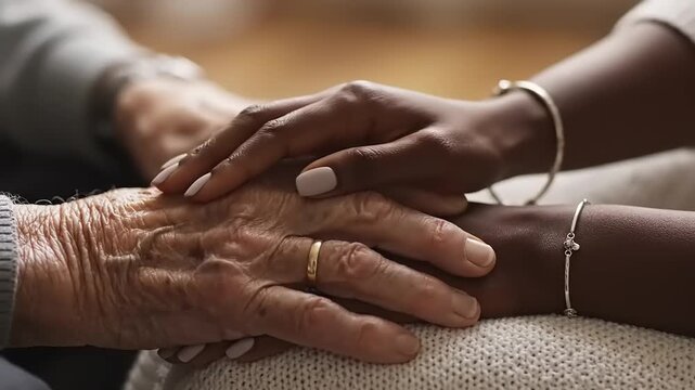 Hands of a young woman hold the wrinkled hand of an elderly person to show compassion and support.