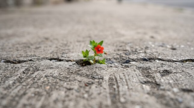 Small red flower growing through crack in concrete pavement, symbolizing resilience, hope, nature survival in urban environment, strength, new life emerging from hard ground