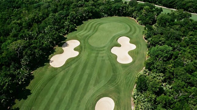 Aerial view of a pristine tropical golf course, featuring manicured fairways, smooth greens, and challenging sand bunkers amidst dense jungle foliage