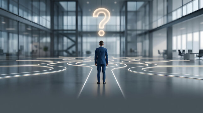A businessman stands at a crossroads with a glowing question mark above his head, symbolizing choice and uncertainty in a modern office environment