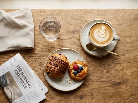 Morning coffee, flat lay breakfast with fresh pastries on wooden table