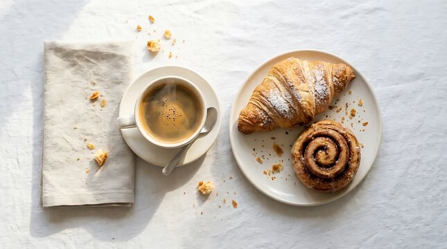 Morning coffee, flat lay breakfast with fresh pastries on a table
