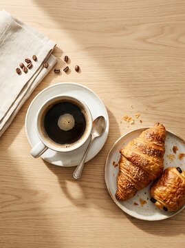 Morning coffee, flat lay breakfast with fresh buttery flaky pastries