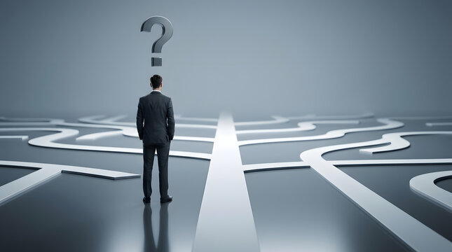A businessman stands at a crossroads, a large question mark hovering above his head, symbolizing uncertainty and choice