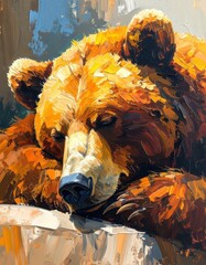 Naklejka premium A close-up textured oil painting of a brown bear resting its head peacefully with eyes closed, showcasing rich brushstrokes and warm earthy tones.