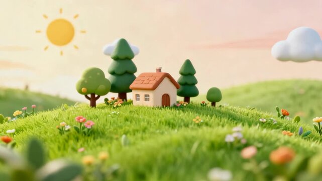 Charming 3D rendered miniature landscape a cozy house on a green hill with vibrant trees and blooming flowers under a sunny sky, evoking a serene and idyllic natural setting