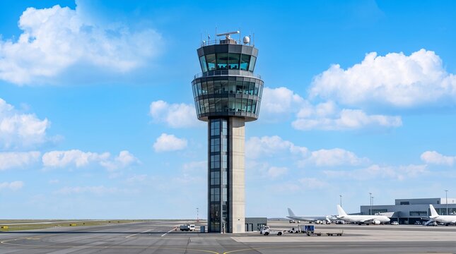 Modern airport control tower with airplanes on runway under blue sky