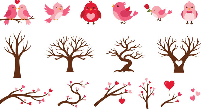 Cute Valentine Day Birds Clipart Vector Set Featuring Pink Lovebirds Bare Trees and Heart Budding Branches for Romantic Anniversary Wedding Greeting Card Designs