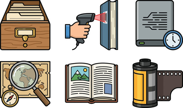 Collection of archive and research icons including filing cabinet barcode scanner hard drive map book and film roll for data management and history concepts