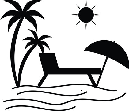 Tropical Beach Silhouette with Palm Trees Sunbed and Umbrella for Summer Vacation and Travel Leisure Scene