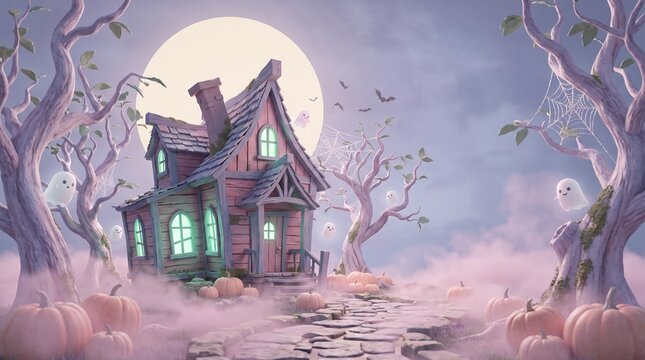 Whimsical pastel Halloween haunted house surrounded by twisted trees, glowing windows, cute floating ghosts, pumpkins, spider webs, bats, misty pathways, and a magical full moon. Dreamy cinematic fant