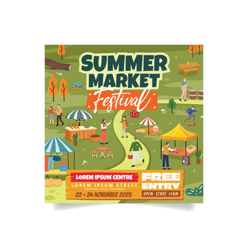 Summer Market Day Festival Design With Outdoor Landscape and People Illustration