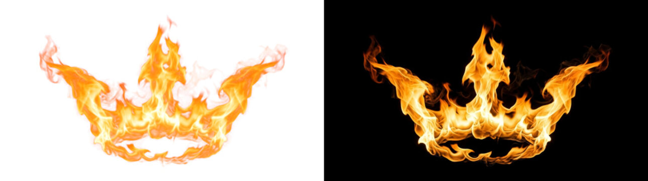 Crown-shaped flame crest with three fire tongues, blazing combustion effect cutout with real transparency