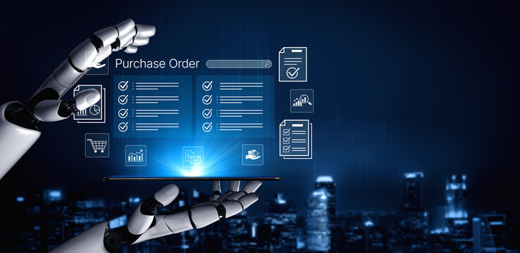 Futuristic Robot Hand Holding Digital Purchase Order Interface Over City Skyline at Night for E-Commerce and Technology Themes. Bitwise.