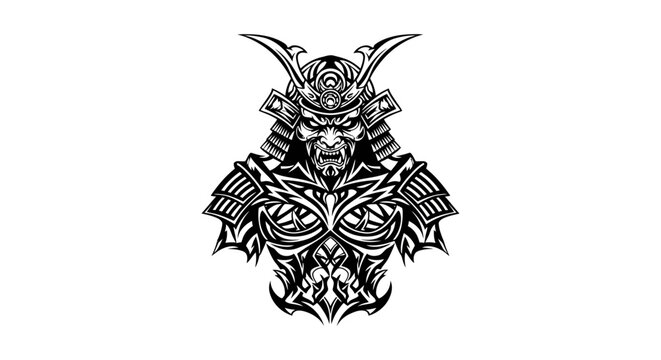 Intricate black and white illustration of a fierce samurai warrior's head and shoulders, adorned with ornate armor and a menacing expression.