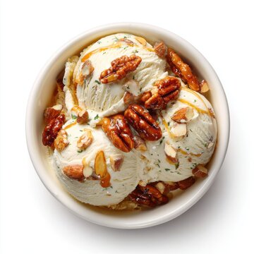 jaggery ice cream with caramelized nuts isolated on white background