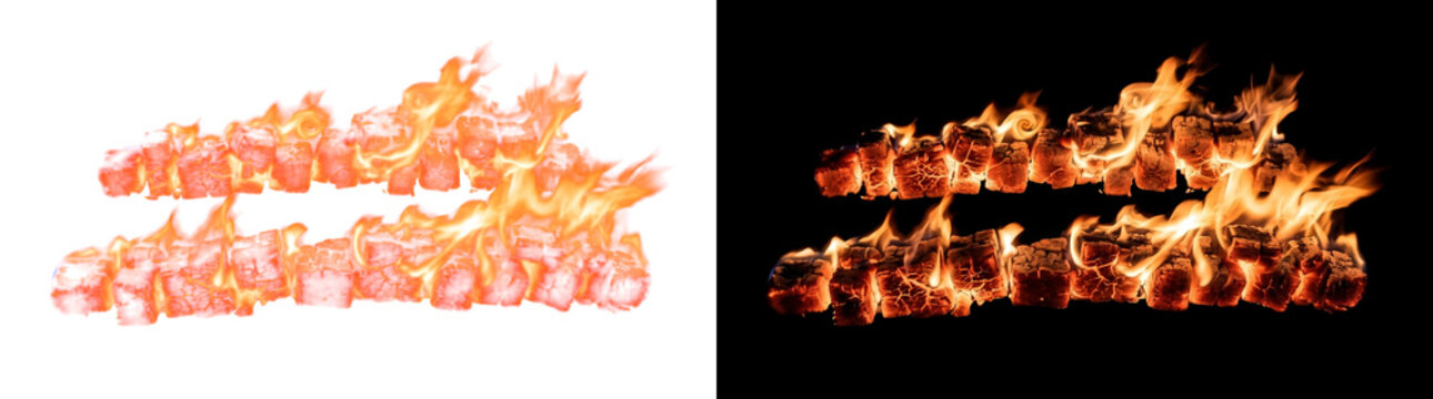 Segmented twin stepped ember berms with molten fissure networks, glowing flame transparent design element