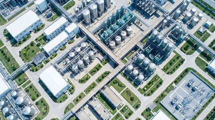 Fototapeta premium Aerial view of a modern industrial facility. Features manufacturing buildings, storage tanks, and pipelines. Organized with green spaces for efficient large-scale production