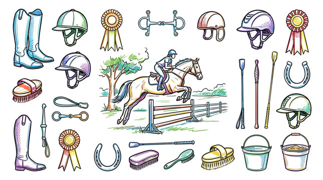 A watercolor sketch illustration featuring a horse and rider jumping over a hurdle, surrounded by various equestrian equipment icons such as helmets, ribbons, a horseshoe, and a crop on a white.