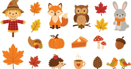 Obraz premium Cute Autumn Vector Clipart Set with Forest Animals, Fall Leaves, Scarecrow, Pumpkin, and Cornucopia Elements for Thanksgiving, Halloween, and Seasonal Holiday Craft Designs