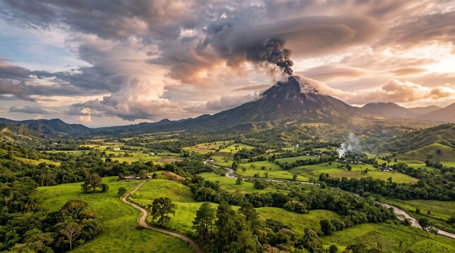 Volcano erupting valley