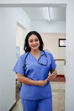 latina woman doctor or nurse portrait in a Mexican Hospital in Mexico Latin America. Hispanic healthcare female worker