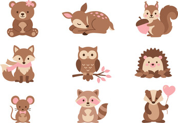 Fototapeta premium Cute Woodland Forest Animals Clipart Vector Set Featuring Bear Deer Squirrel Fox Owl Hedgehog Mouse Raccoon and Badger with Pink Accessories for Nursery Designs