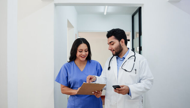 latin man doctor and hispanic woman nurse working in a mexican hospital in Mexico latin america