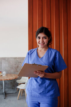 latina woman doctor or nurse portrait in a Mexican Hospital in Mexico Latin America. Hispanic healthcare female worker