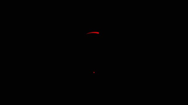 Abstract featuring a bright red curved stroke and a small red dot on a black background.