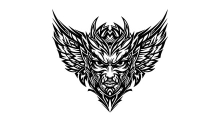 Fototapeta premium Intricate black and white illustration of a fierce winged mythical creature's head with sharp features and intense eyes, fantasy art.