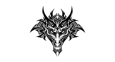 Fototapeta premium Intricate black and white illustration of a fierce dragon's head with sharp horns and glowing eyes, set against a white background.