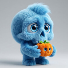 Fototapeta premium Cute Fluffy Blue Skeleton Character Holding Small Orange Plush Pumpkin Isolated on Grey Background