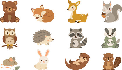 Obraz premium Cute Woodland Forest Animals Clipart Vector Set Featuring Bear Fox Deer Squirrel Owl Hedgehog Raccoon Badger Mouse Bunny Otter and Beaver for Nursery Designs