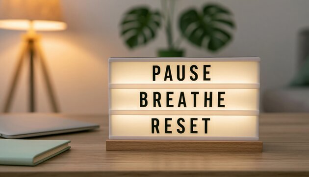 Pause breathe and reset light box on desk for mental health and mindfulness calm