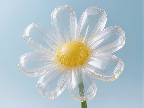 A cheerful daisy flower sculpture made from transparent inflatable plastic, multiple translucent white petals surrounding a softly inflated yellow center
