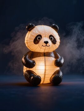 A cute panda-shaped Mid-Autumn lantern made from transparent inflatable plastic, rounded ears, soft paws and compact body, warm golden light glowing through the translucent plastic