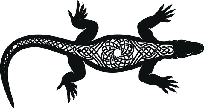 Tribal lizard reptile silhouette vector illustration featuring intricate Celtic knot pattern for tattoo or logo design