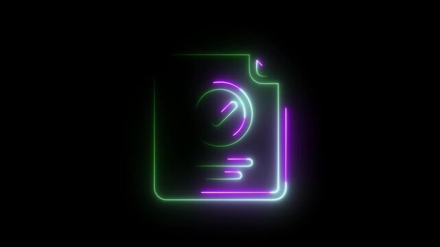 Neon document with checkmark in green and purple outline on black background