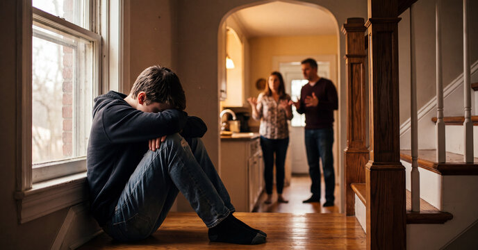 Sad teenage boy sitting on floor crying while his angry parents are arguing in background at home during a difficult family conflict and emotional crisis