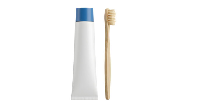 Toothpaste toothbrush bamboo dental hygiene oral care white background minimalist product mockup, toothpaste tube and bamboo toothbrush isolated white background, minimalist dental hygiene concept