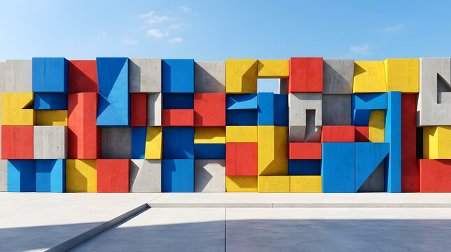 Colorful geometric concrete blocks architectural background, generative AI