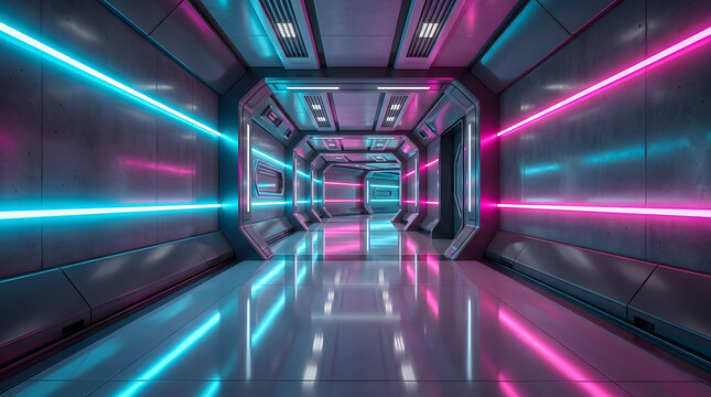 Futuristic neon lit architectural interior corridor background, generative AI