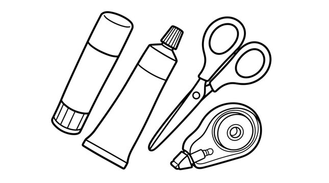 Collection of crafting supplies including glue stick, tube, scissors, and correction tape, isolated on white background