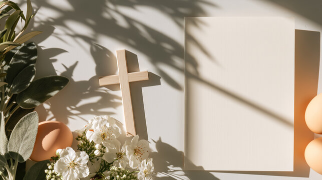 Easter Christian Greeting Card Mockup with Wooden Cross and White Flowers