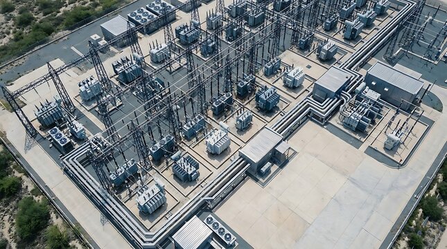 Aerial view of a modern electrical power substation, displaying intricate high-voltage transformers and energy infrastructure for efficient electricity transmission