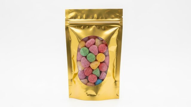 Colorful candy coated chocolate pieces in shiny gold bag