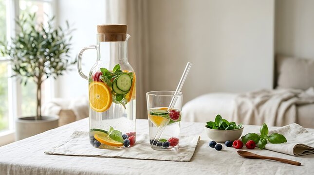 Refreshing Infused Water Drink in a Glass Bottle with Fresh Fruits