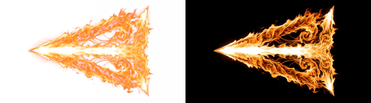 Convergent fire vortex arrowhead shape with glowing ribbon contours, burning effect cutout with real transparency