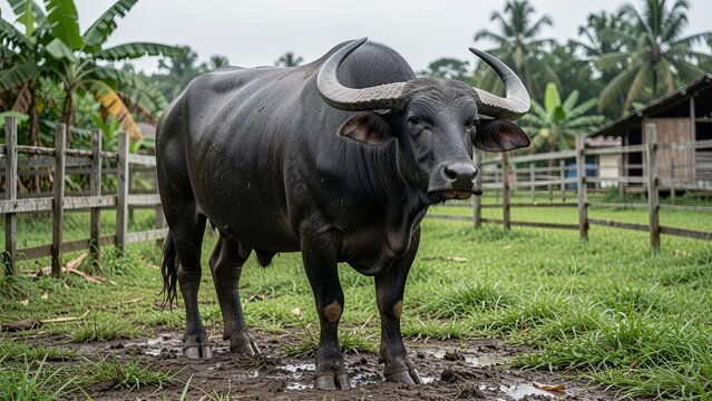 Water buffalo standing on farmland with tropical trees behind.